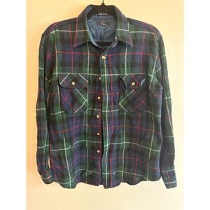 VTG Briggs‎ Wool Plaid Blue Winter Collared Button Flannel Shirt Size Large L